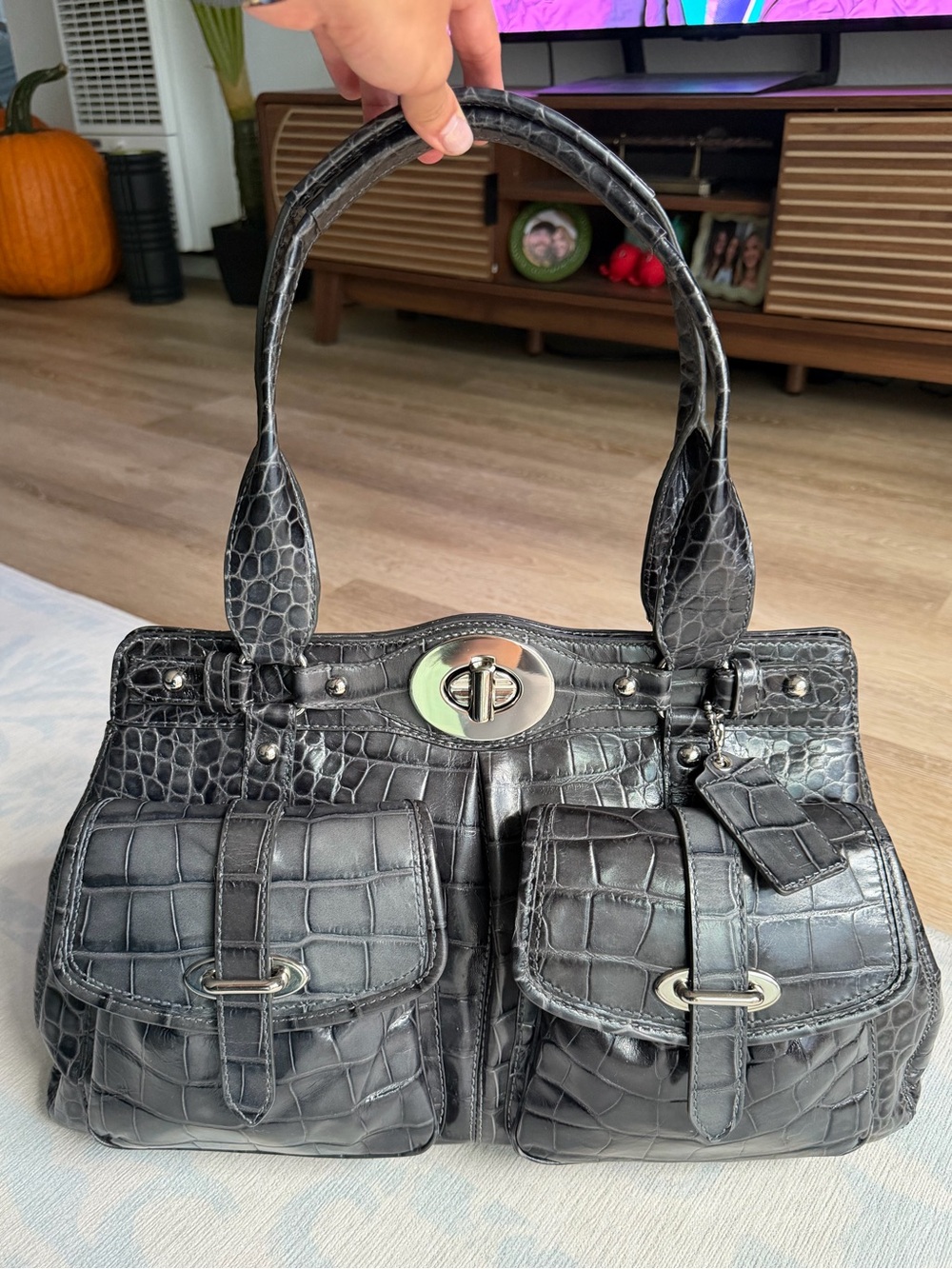 Coach Rare Ltd Ed Garnet Ella XL Grey Croc Embossed Leather Magic Satchel 14206